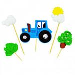 Figurki cukrowe traktor, drzewa i chmury, toppery na patyczkach -...